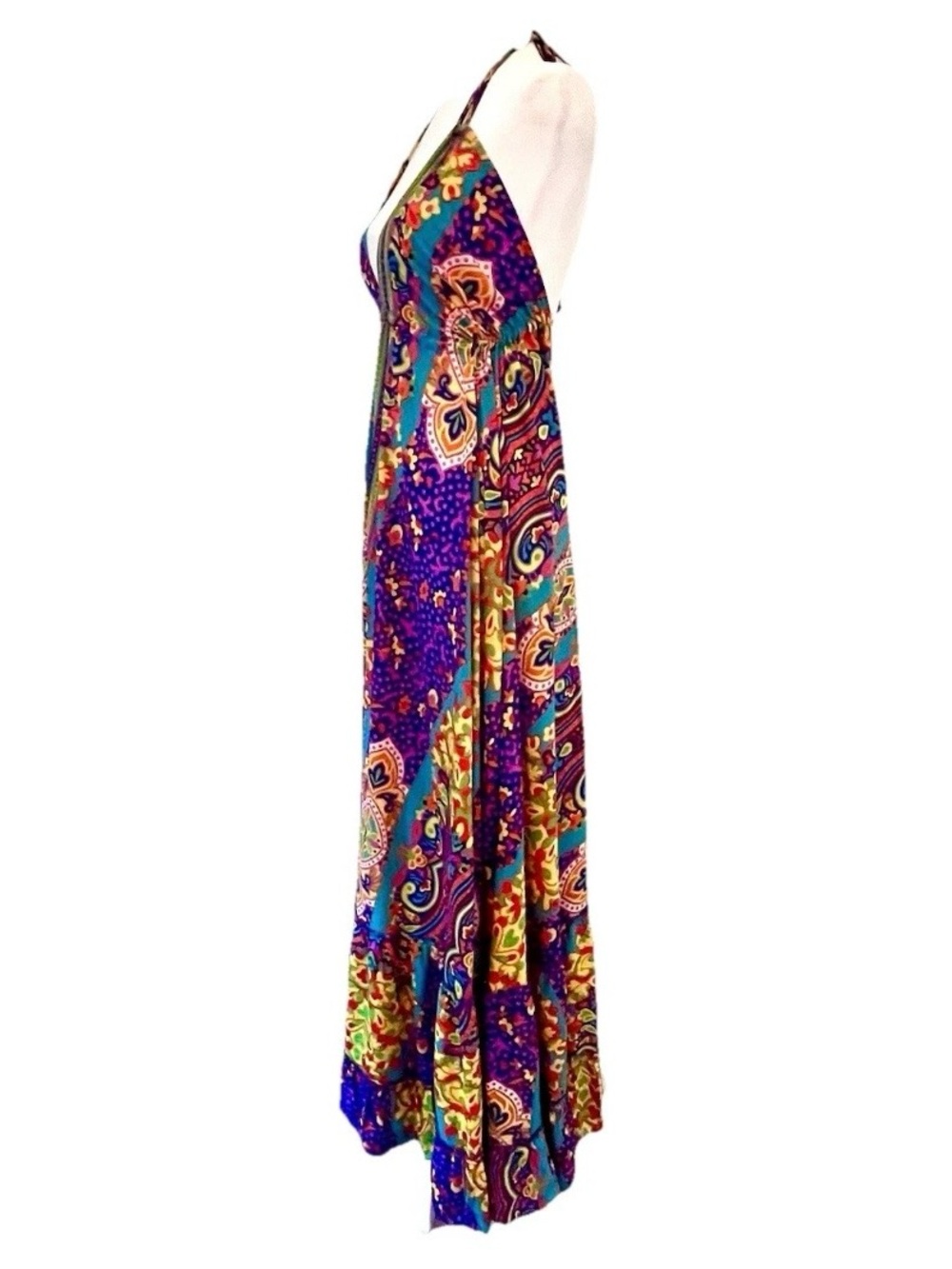 Fullah Sugah Bohemian Paisley Print Deep V-Neck Halter Dress Silk/Viscose - Sz L - Picture 5 of 10